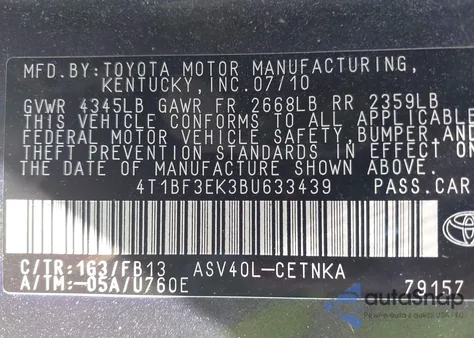 2011 Toyota Camry Le из США, поврежденный, VIN 4T1BF3EK3BU633439